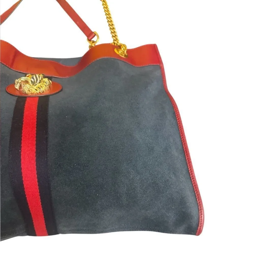 GUCCI Navy Blue Suede & Red Leather Trim Large Sylvie Web Rajah Tote Bag